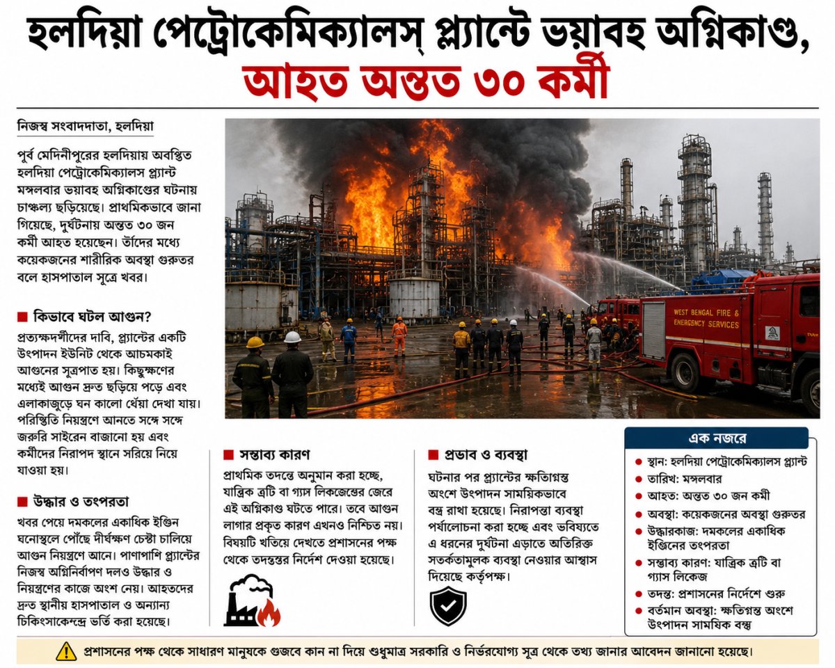 হলদিয়া পেট্রোকেমিক্যালস প্ল্যান্টে ভয়াবহ অগ্নিকাণ্ড, আহত অন্তত ৩০ কর্মী