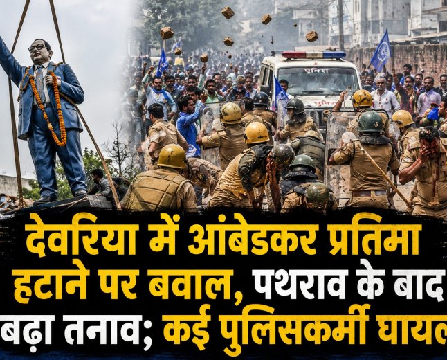 देवरिया में आंबेडकर प्रतिमा हटाने पर बवाल, पथराव के बाद बढ़ा तनाव; कई पुलिसकर्मी घायल
