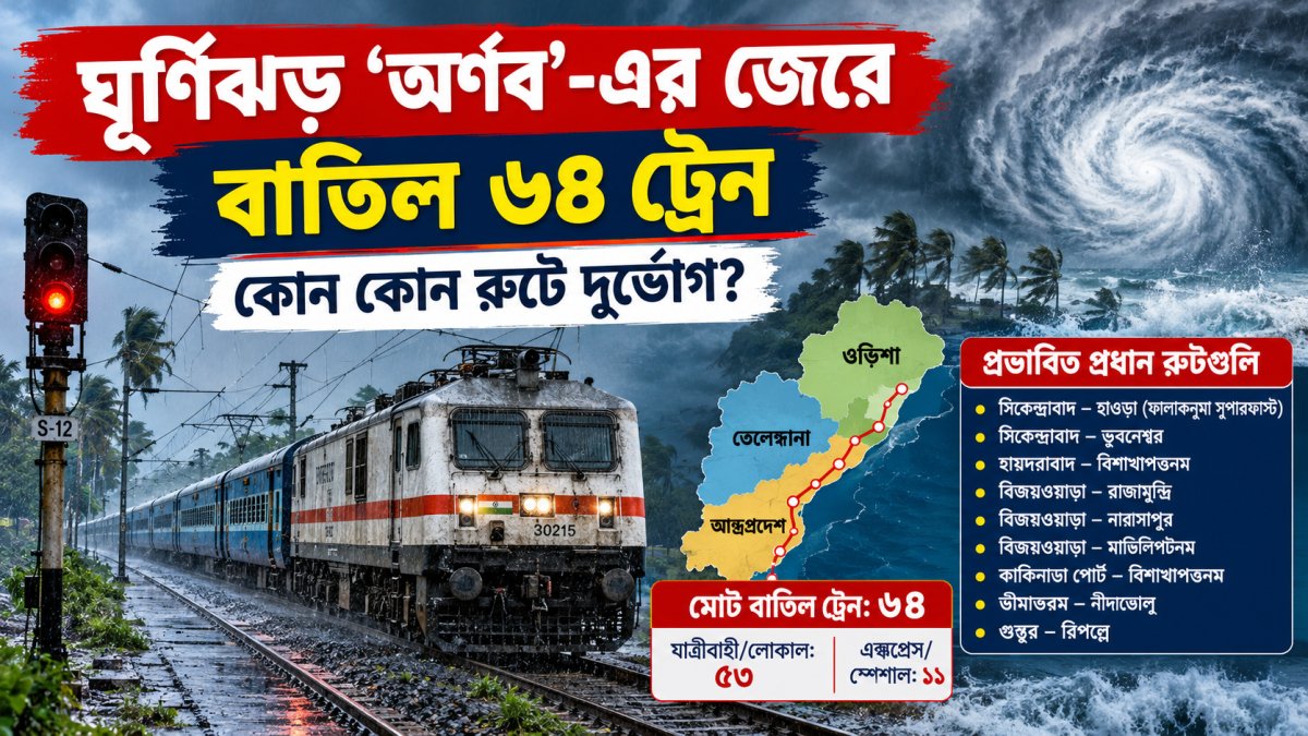 ঘূর্ণিঝড় ‘অর্ণব’-এর জেরে বাতিল ৬৪ ট্রেন, কোন কোন রুটে দুর্ভোগ?