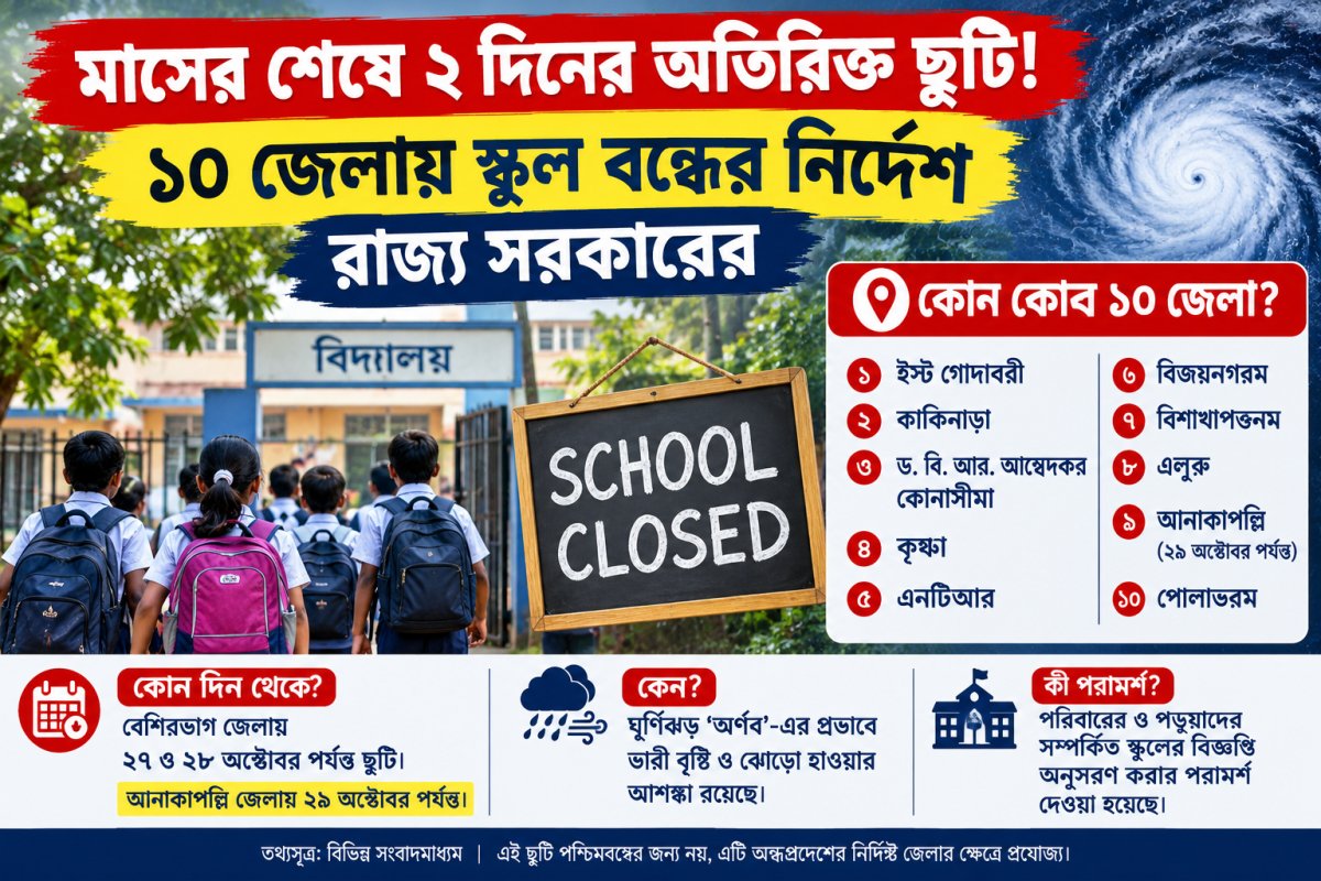 মাসের শেষে ২ দিনের অতিরিক্ত ছুটি! ১০ জেলায় স্কুল বন্ধের নির্দেশ রাজ্য সরকারের