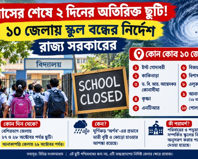 মাসের শেষে ২ দিনের অতিরিক্ত ছুটি! ১০ জেলায় স্কুল বন্ধের নির্দেশ রাজ্য সরকারের